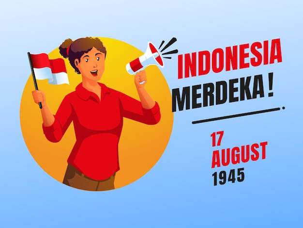 a woman carrying an indonesia flag and holding a megaphone celebrates indonesia independence day