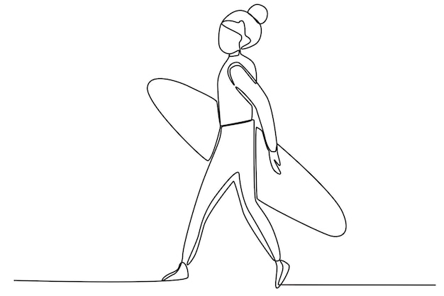 A woman carrying a surfboard Surfing oneline drawing