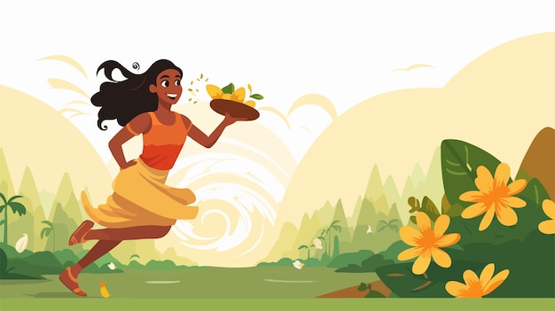 Vector a woman carrying a tray of food with a girl holding a tray of vegetables