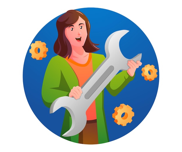 a woman carrying a wrench