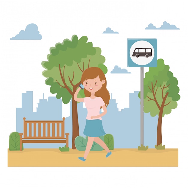 Vector woman cartoon and bus stop design