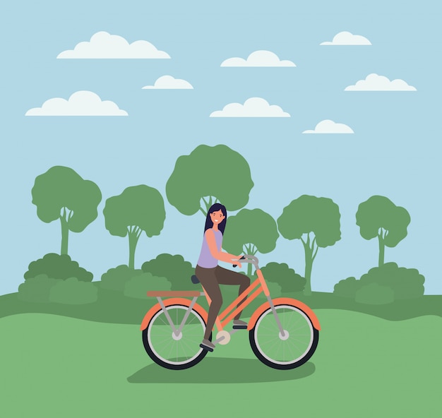 Woman cartoon riding bike at park