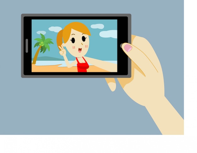 Woman cartoon taking a self portrait with smart phone