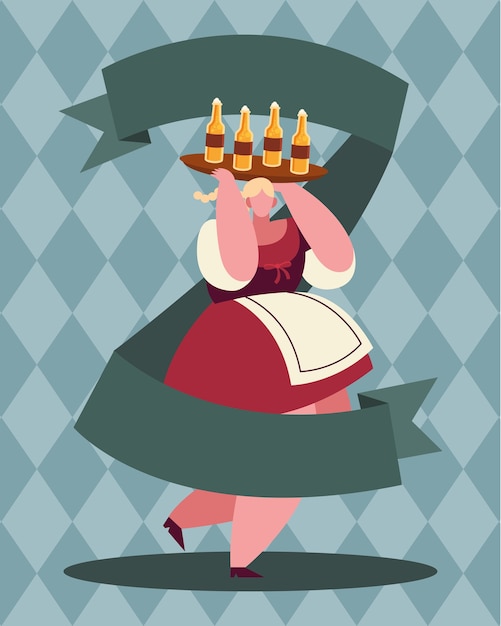 Woman cartoon with beer bottles design, Oktoberfest german festival and celebration theme