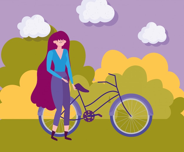 Woman cartoon with bike in autumn