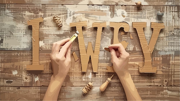 Vector woman carving word diy made of cardboard on wooden background