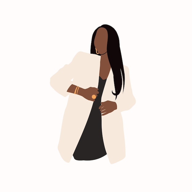 Woman in casual clothes. Abstract fashion illustration of black woman with trendy jewellery