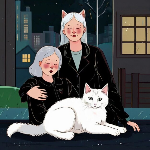 Vector a woman and a cat are sitting on the sidewalk in front of a house