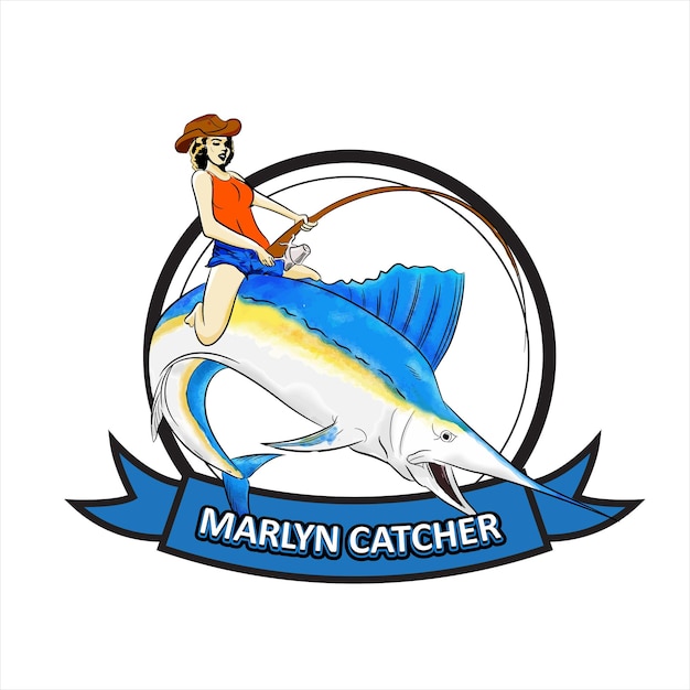 woman catch marlin fish with jumping and smile illustration