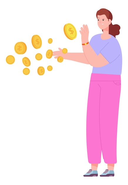 Woman catching golden coins Money flowing in air