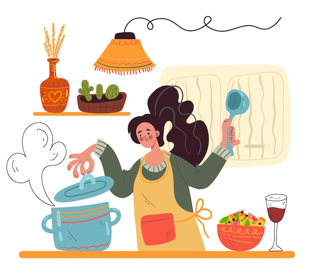 Woman character cooking soup staying on kitchen concept