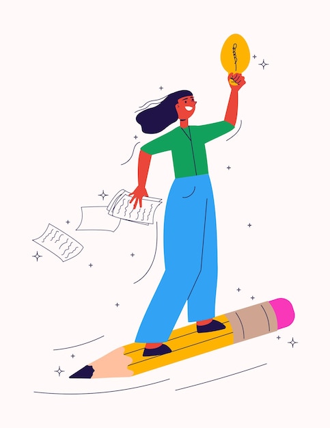 Woman character flying on big pencil vector illustration