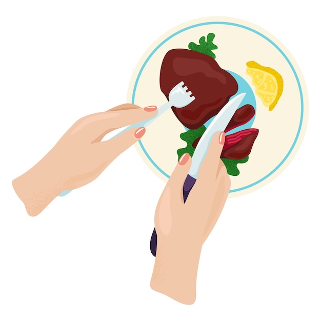 Woman character hand hold knife fork restaurant platter meat food steak foodstuff flat vector