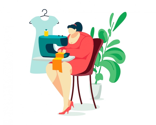 Woman character sew, person hobby sitting sewing machine and home plants pot isolated on white, cartoon illustration.