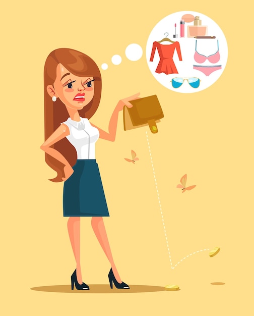 Woman character spent all her money, flat cartoon illustration