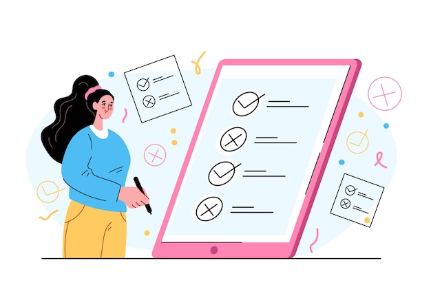 Woman character voting and pulling cross and thick in box list Online digital internet vote concept Vector flat isolated modern style illustration