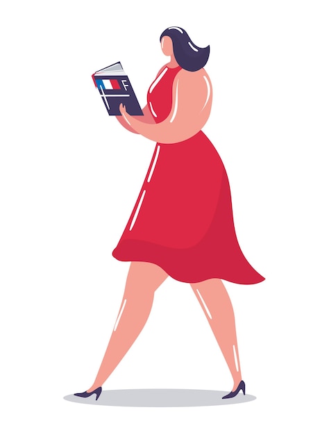 Woman character walking read book female urban stroll learning french language girl in red dress