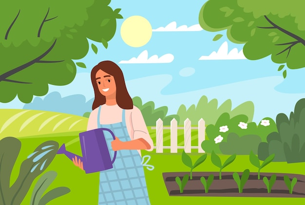 Woman character working in spring garden and watering plant