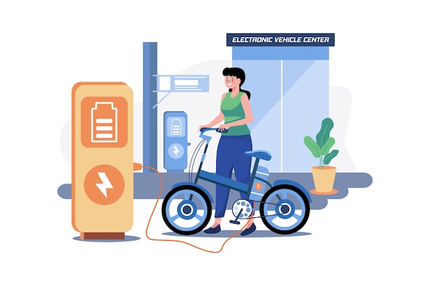 Woman Charges The Electric Bike At Electronic Vehicle Center