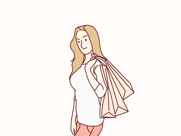 Woman cheerful wearing a holding shopping bags simple korean style illustration