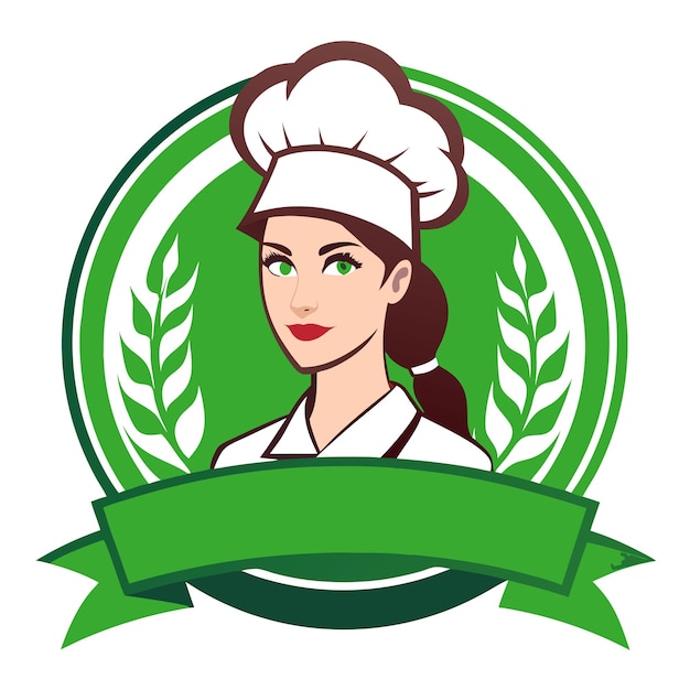 Vector a woman in a chef hat is standing in front of a green ribbon