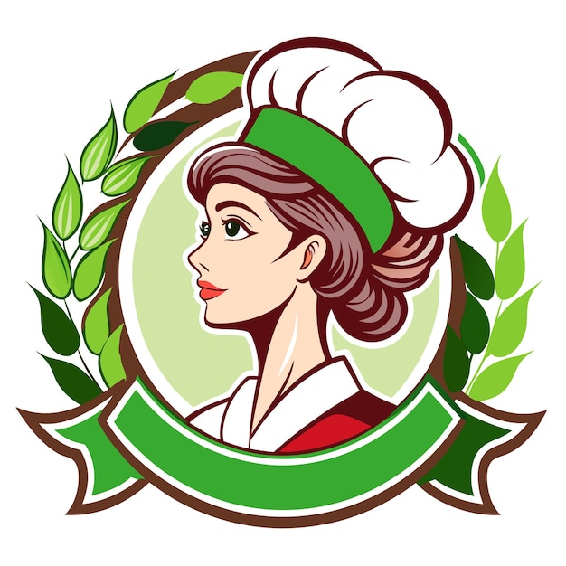 Vector a woman in a chef hat with a green ribbon around her head