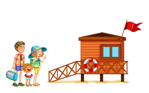 A woman and a child are standing in front of a beach hut