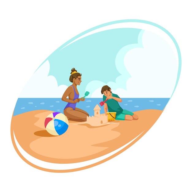 Vector woman and child building sandcastles on a beach with toys a blue sky with clouds in the background