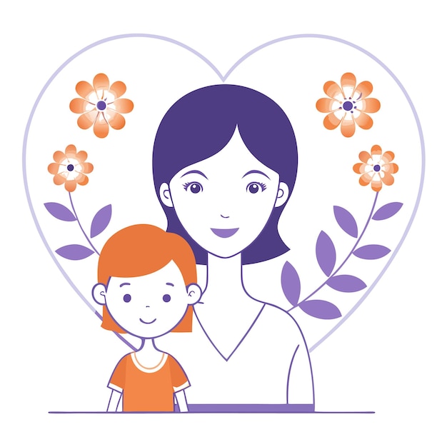 a woman and a child in front of a heart with flowers and a girl holding a heart with a girl