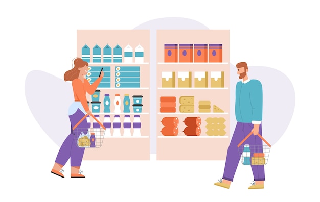 Woman choose products. Man with basket walks in store near shelves with assortment of goods