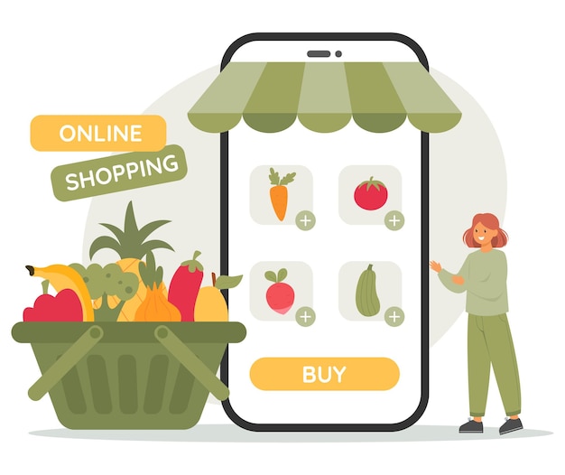 Vector woman chooses healthy food on mobile application with huge shopping cart full of vegetables online