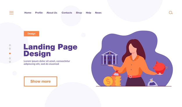 Woman choosing between bank and piggybank, choosing instrument for saving landing page template