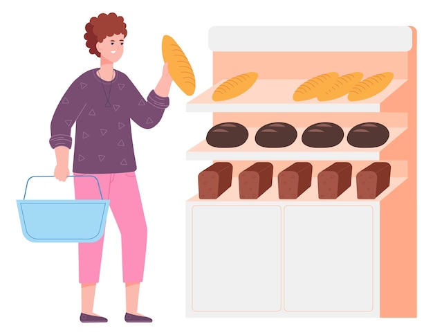 Woman choosing bread in grocery store from wooden shelves