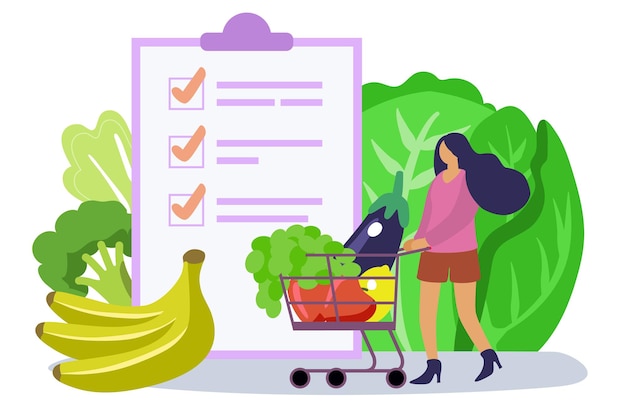 Woman choosing healthy food list Full shopping cart and flat tiny person Eating balanced meals