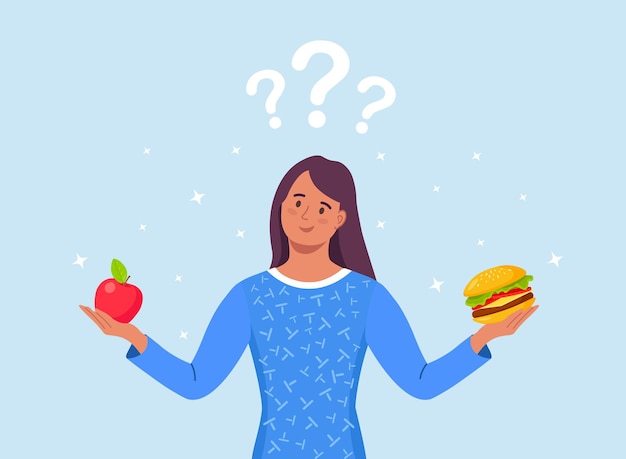 Vector woman choosing between healthy and unhealthy food. fast food and balanced menu comparison