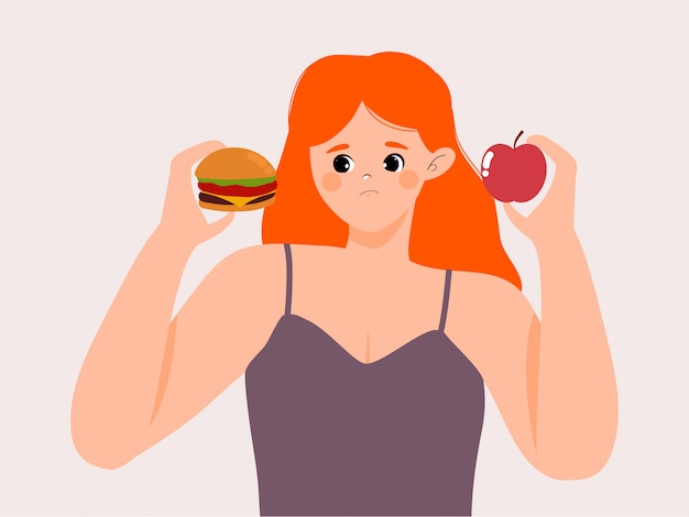 Woman choosing between healthy and unhealthy food illustration