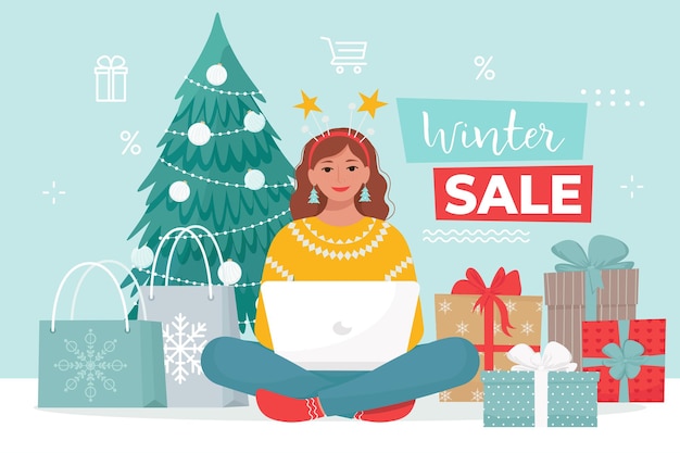 Woman in Christmas clothing buys goods in online store from home Vector illustration in flat style