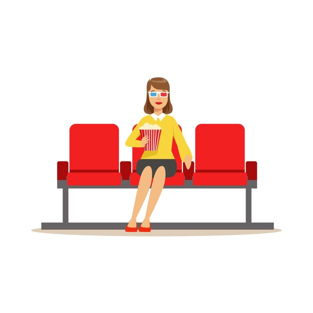 Woman In Cinema Room Alone With Popcorn And 3D Glasses Part Of Happy People In Movie Theatre Series