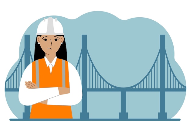 Woman civil engineer next to the bridge The concept of civil engineering and construction