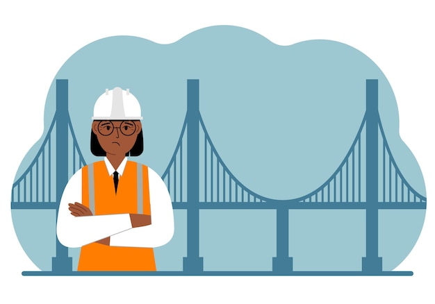 Woman civil engineer next to the bridge The concept of civil engineering and construction