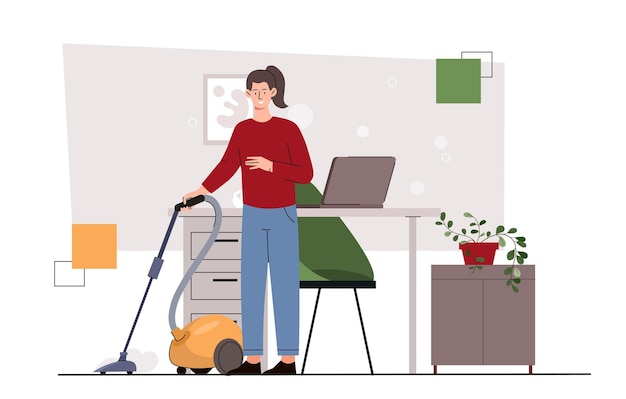 Vector woman clean house young girl with vacuum cleaner cleans apartment cleanliness and hygiene routine and household chores flat vector illustration