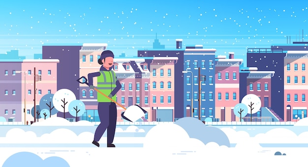 Vector woman cleaner using plastic shovel snow removal concept female worker in uniform cleaning residential area modern city buildings cityscape flat horizontal full length vector illustration