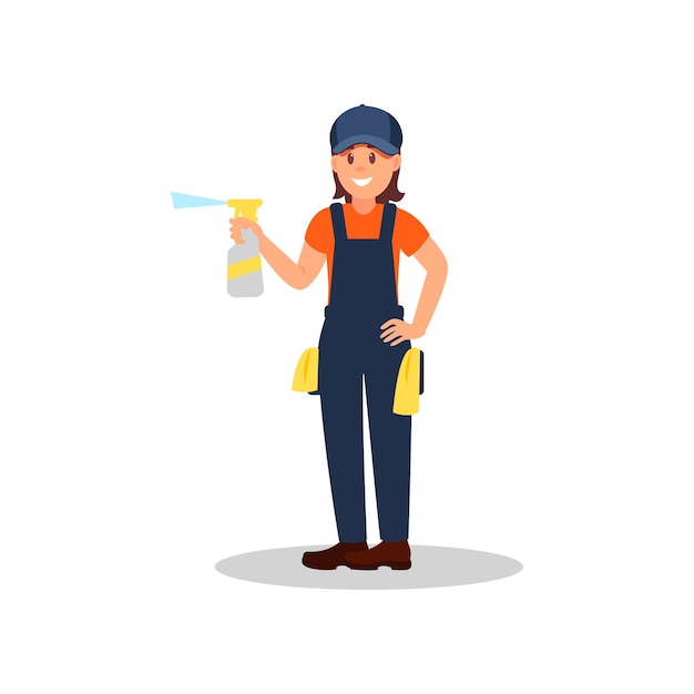 Woman cleaner with spray bottle of cleaning liquid and rags Young smiling girl in working uniform Flat vector design for advertising poster