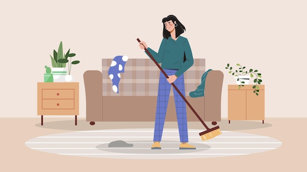 Woman cleaning at home vector concept