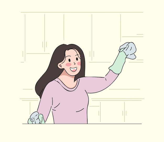 Woman cleaning kitchen flat illustration