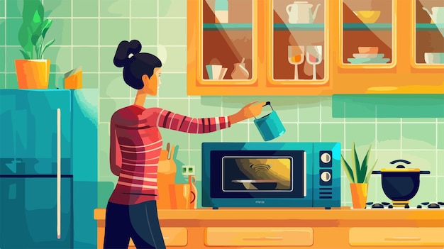 Woman Cleaning Microwave Oven in Kitchen Vector Style