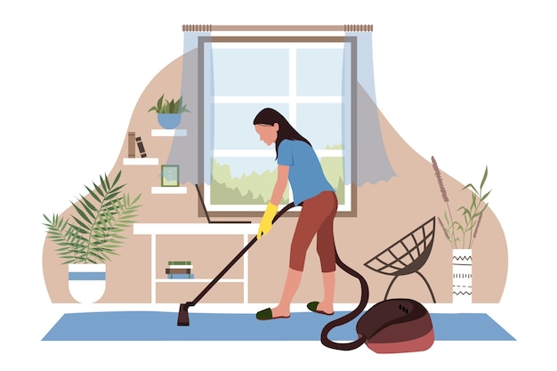 Woman cleaning and vacuuming the room in a flat style.  