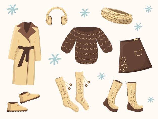 Vector woman clothes set winter and autumn vector illustration beige brown colors flat style