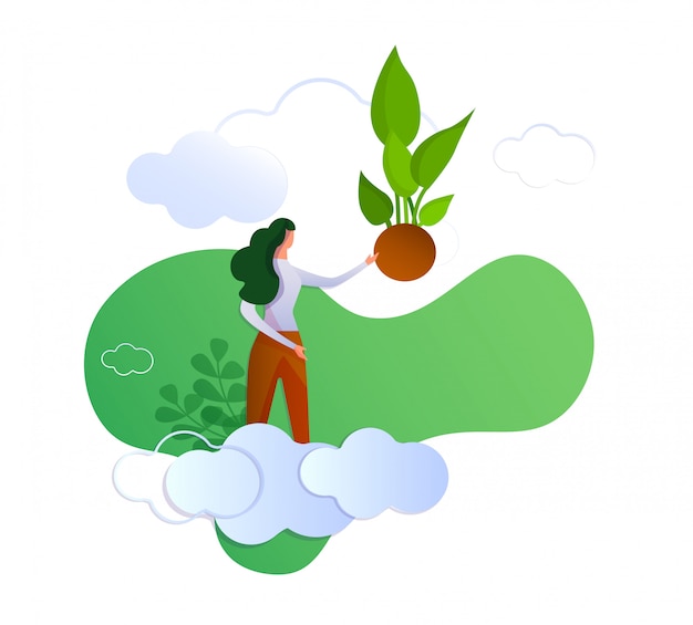 Woman on Cloud Pointing with Hand on Green Sprout.