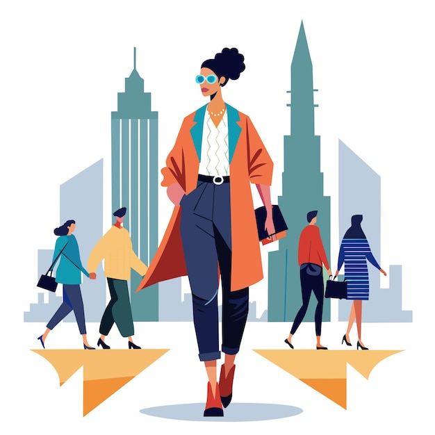 a woman in a coat and sunglasses walks in the city